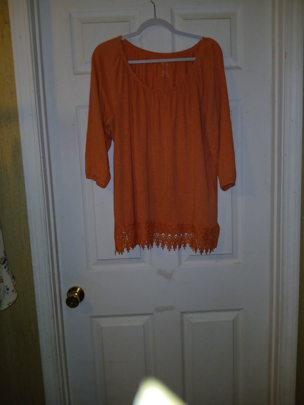 Women's Burnt Orange Boho Tunic Top – Crochet Lace Hem – 3/4 Sleeve